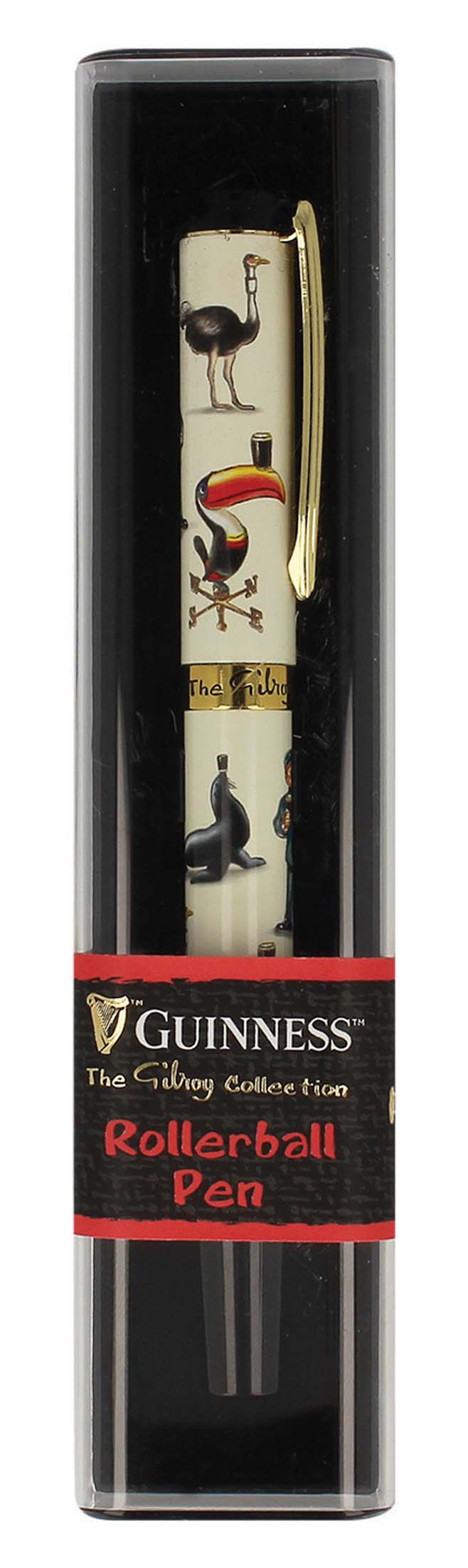 The Guinness US Gilroy Rollerball Pen, highlighted by its vibrant design with colorful illustrations of Gilroy Guinness animals on the barrel, is beautifully presented in a transparent case.