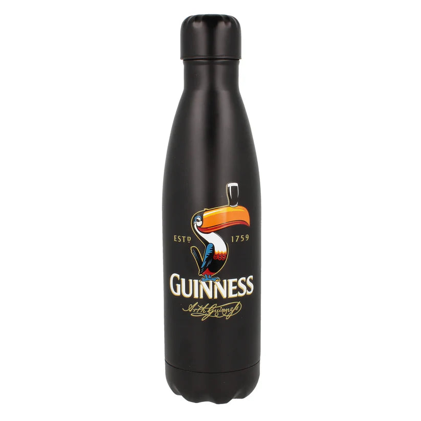 The Guinness Gilroy Metal Water Bottle features a sleek black stainless steel design with the iconic toucan balancing a pint, combining style and sustainability.