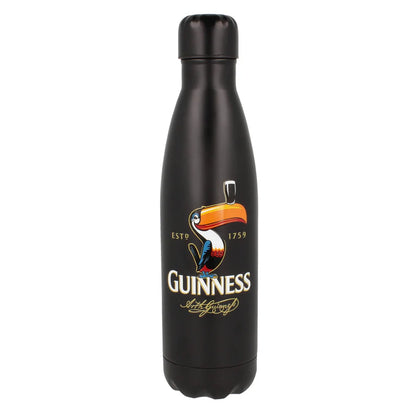 The Guinness Gilroy Metal Water Bottle features a sleek black stainless steel design with the iconic toucan balancing a pint, combining style and sustainability.