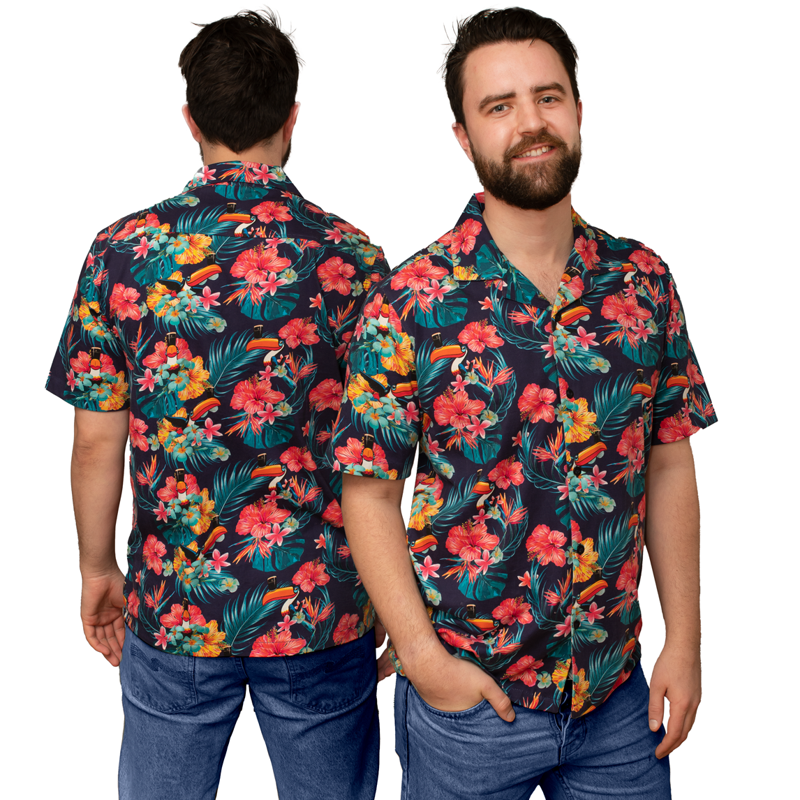 A man wearing a Guinness Toucan Hawaiian shirt with tropical plants and flowers.
