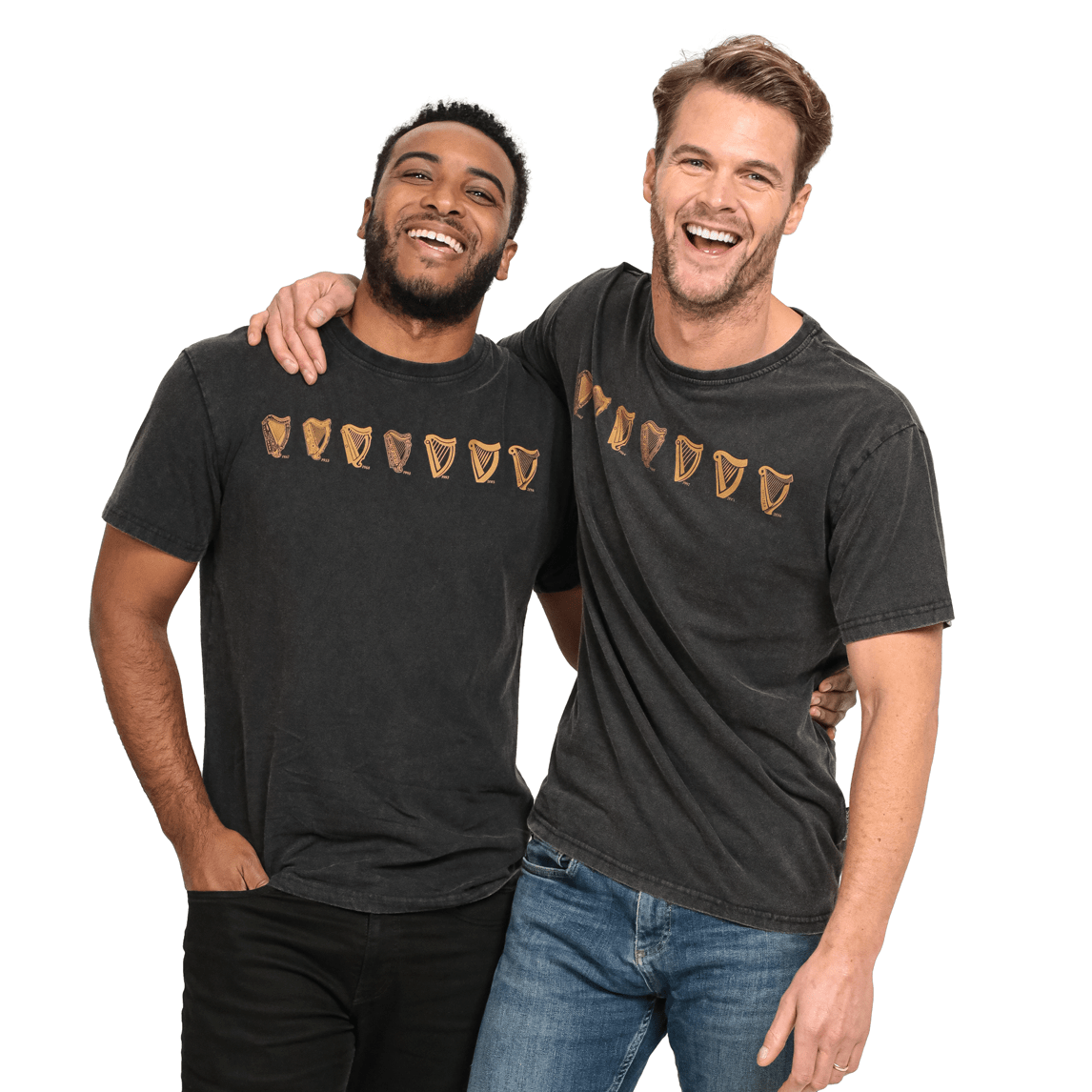 Two men wearing Guinness Evolution Harp Tee black t-shirts and smiling.