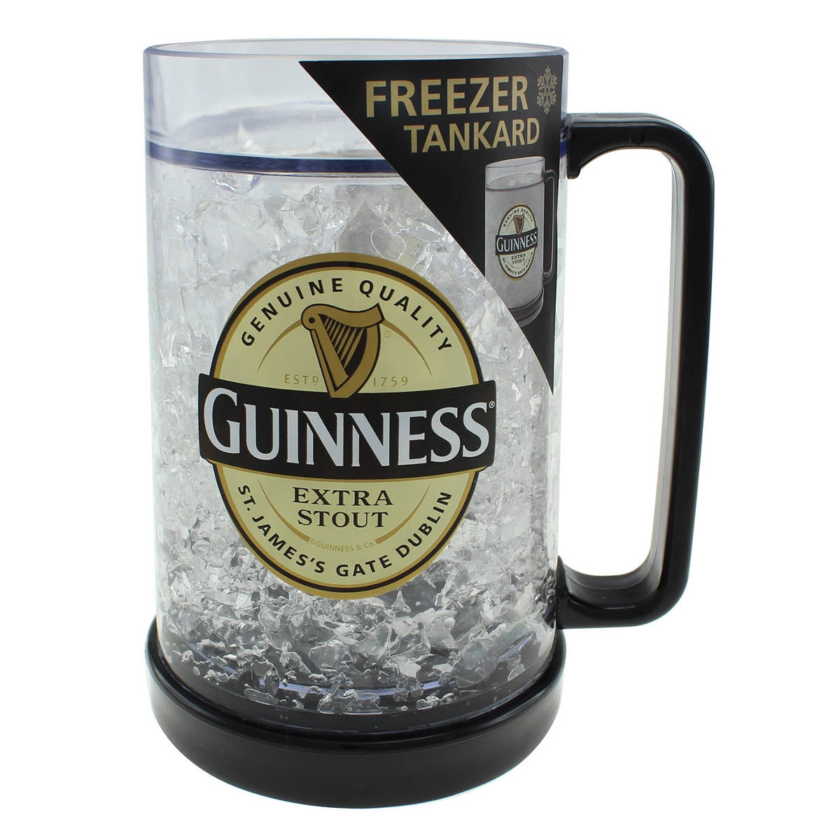 A perfect gift, this Guinness Freezer Tankard with a black handle is filled with clear gel and prominently displays the Guinness Extra Stout label on the front, ensuring a cold pint every time.