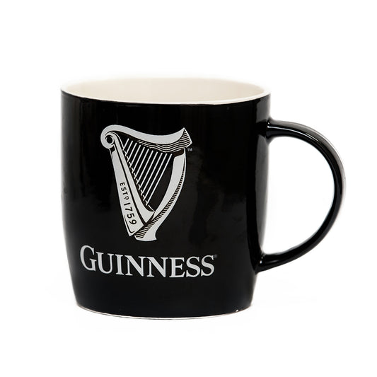 A Guinness Black Mug with White Harp Logo is shown on a white background.