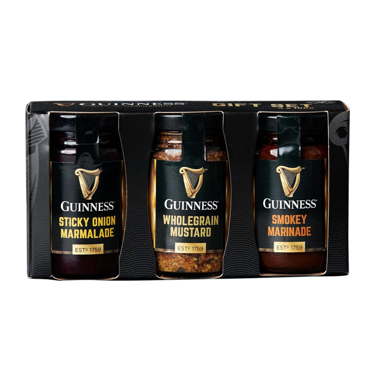 Discover the perfect Guinness Gourmet Gift Set 3 x 100g by Guinness, featuring three award-winning jars of deliciousness: Sticky Onion Marmalade, Wholegrain Mustard, and Smokey Marinade. These exquisite condiments bring a taste of Ireland straight to your table.