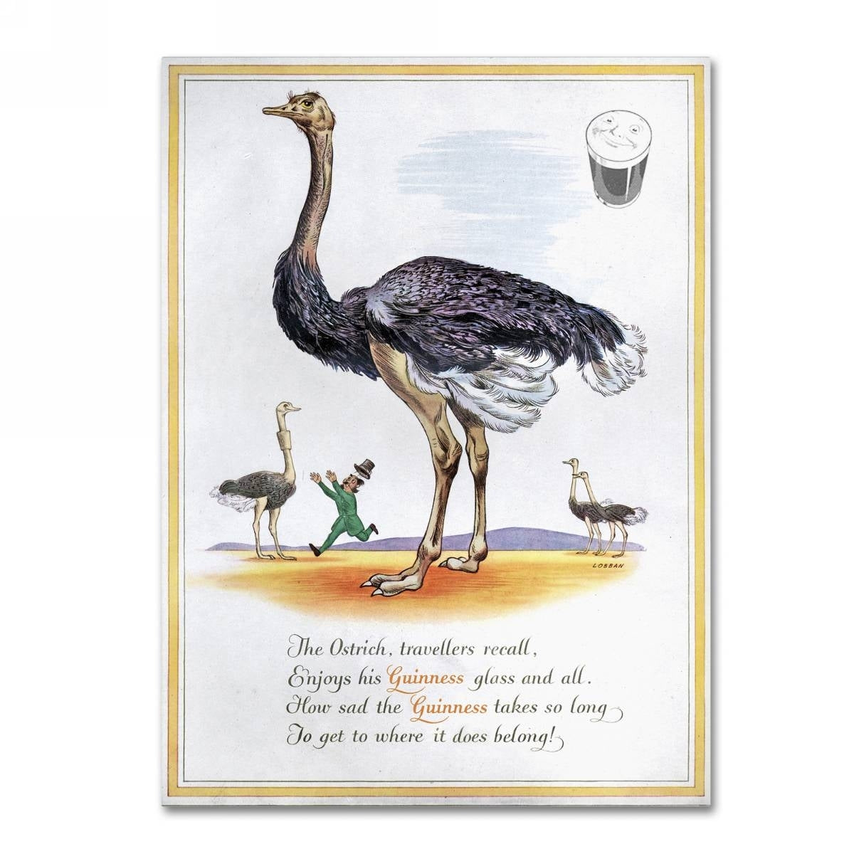 This Guinness Brewery 'Guinness Ostrich' Canvas Art features an ostrich standing proudly next to a glass of beer.
