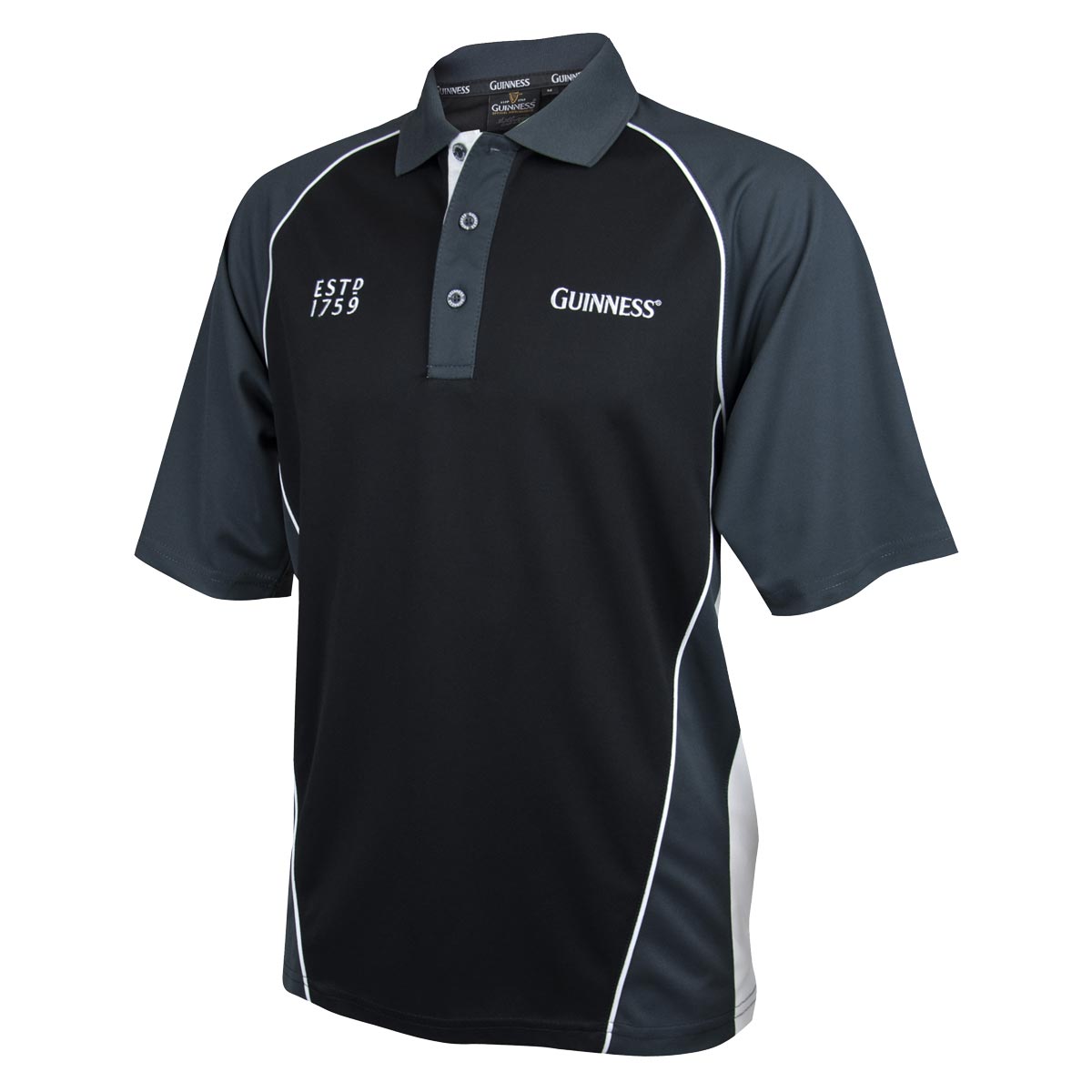 A black and grey moisture wicking fabric Guinness Performance Golf Shirt with an embroidered Guinness logo.