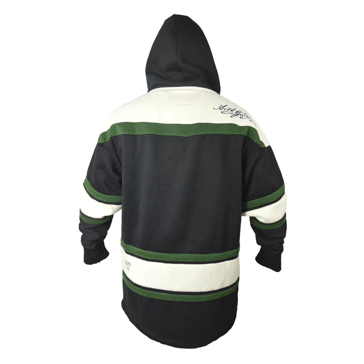 The Guinness Green Hockey Style Hooded Sweatshirt features green and black stripes, perfect for those seeking a Guinness-worthy Hockey Style Hooded Sweatshirt.