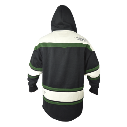 The Guinness Green Hockey Style Hooded Sweatshirt features green and black stripes, perfect for those seeking a Guinness-worthy Hockey Style Hooded Sweatshirt.