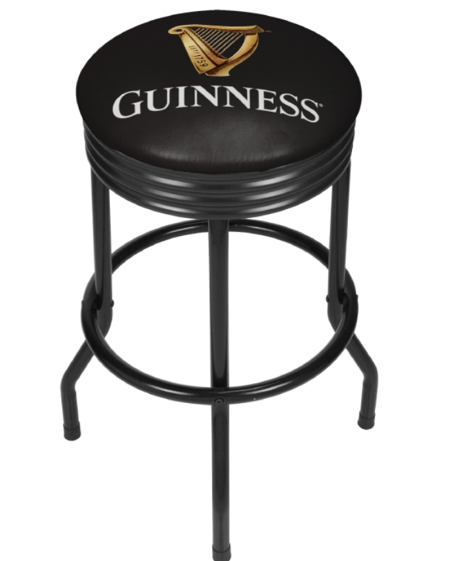 The Guinness Black Ribbed Bar Stool - New Harp with luxurious foam padding and a cushioned seat featuring the Guinness logo and a harp design. The stool boasts four metal legs, a circular footrest, and marine-grade vinyl for lasting durability.