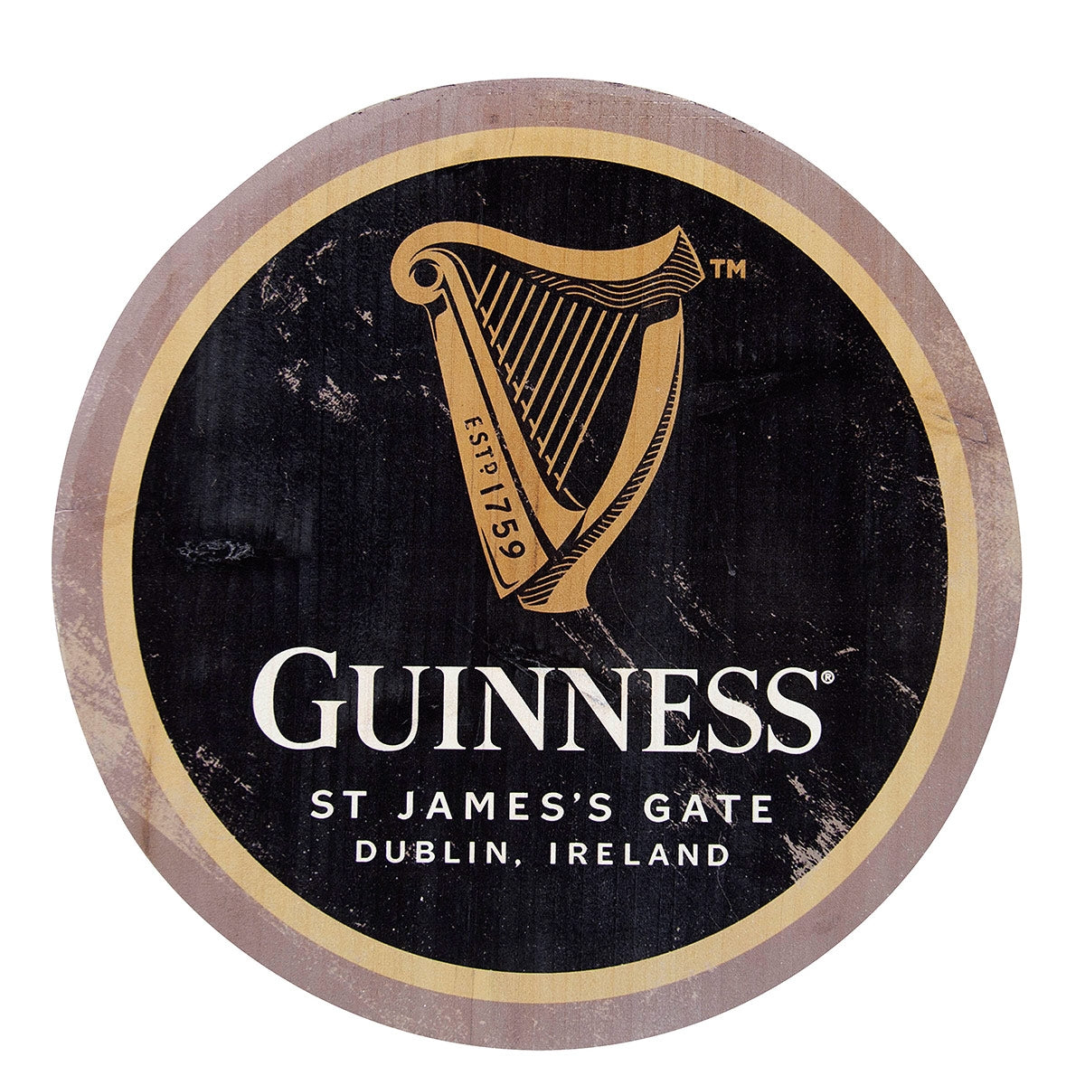 Guinness Harp Wooden Bottle Top at St. James's Gate wooden sign.