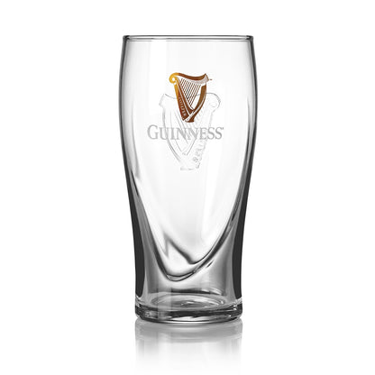 A clear Guinness® Pint Glass with Gift Box featuring a harp logo and text printed on the front.