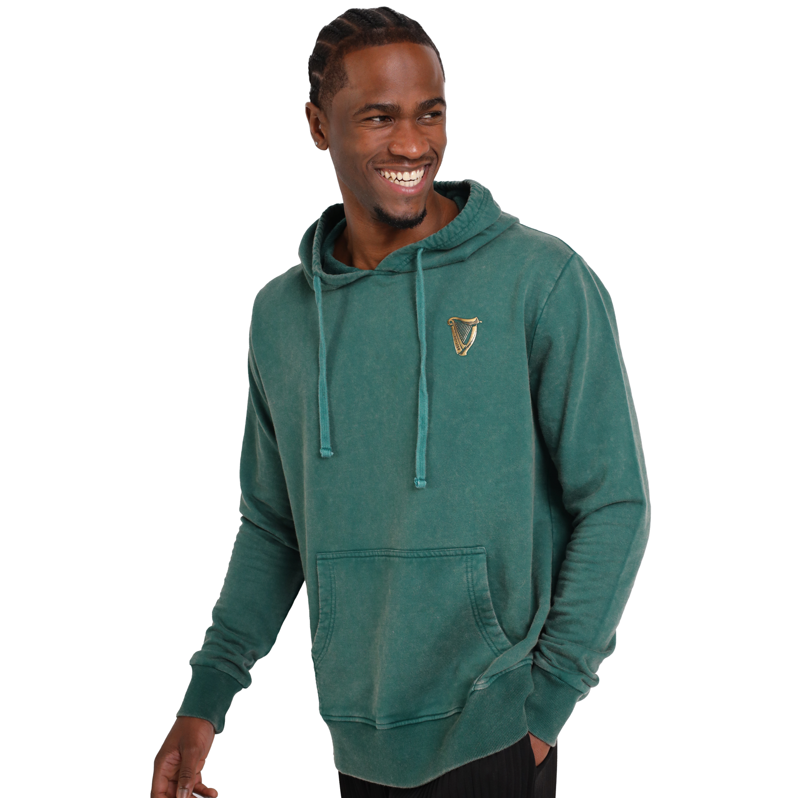 A man wearing a Guinness Forest Green & Gold Toucan Hoodie with the Ireland crest, combining comfort and sustainability.