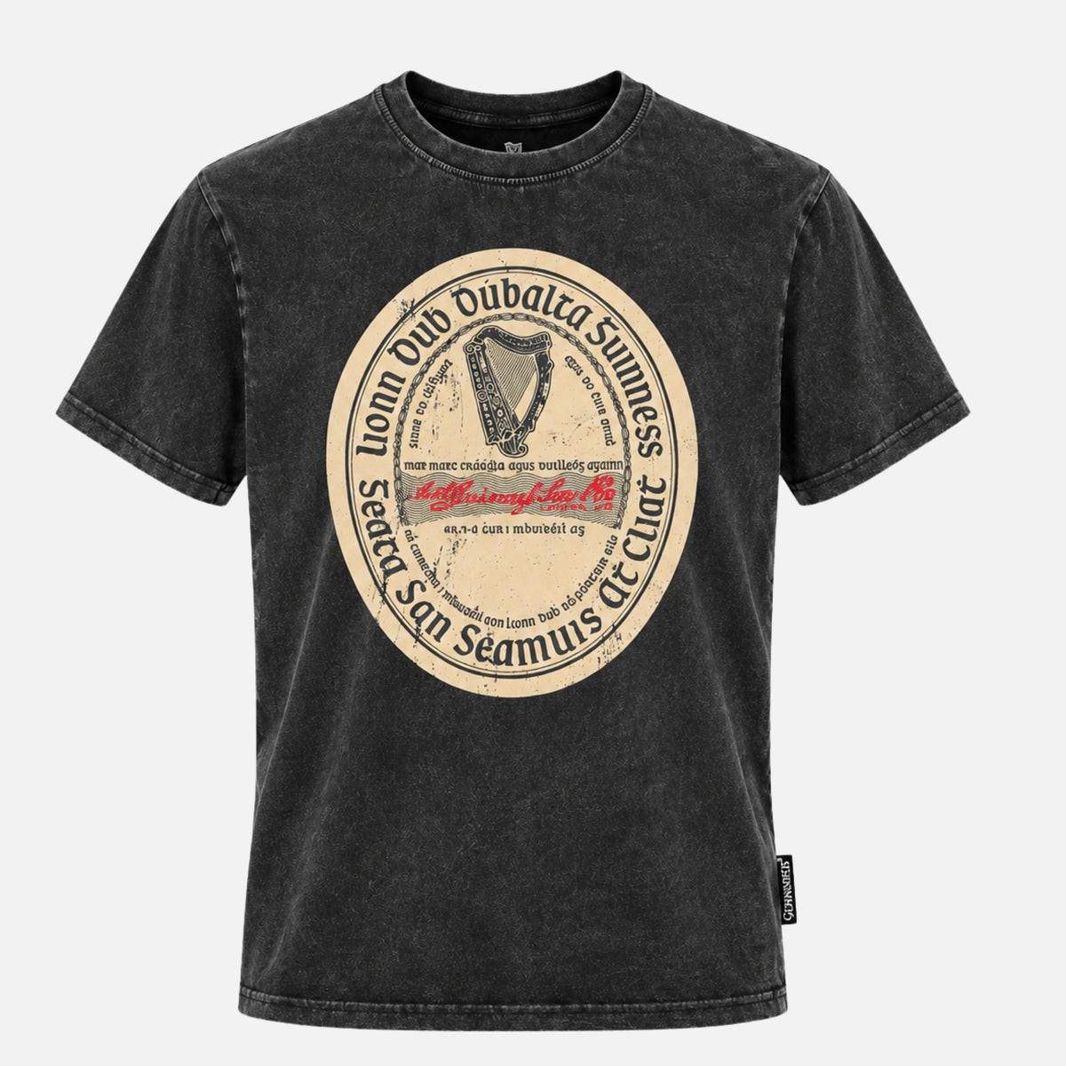 Black short-sleeve Guinness Black Distressed Label Tee with a vintage-style oval graphic featuring a harp and circular text on the chest.