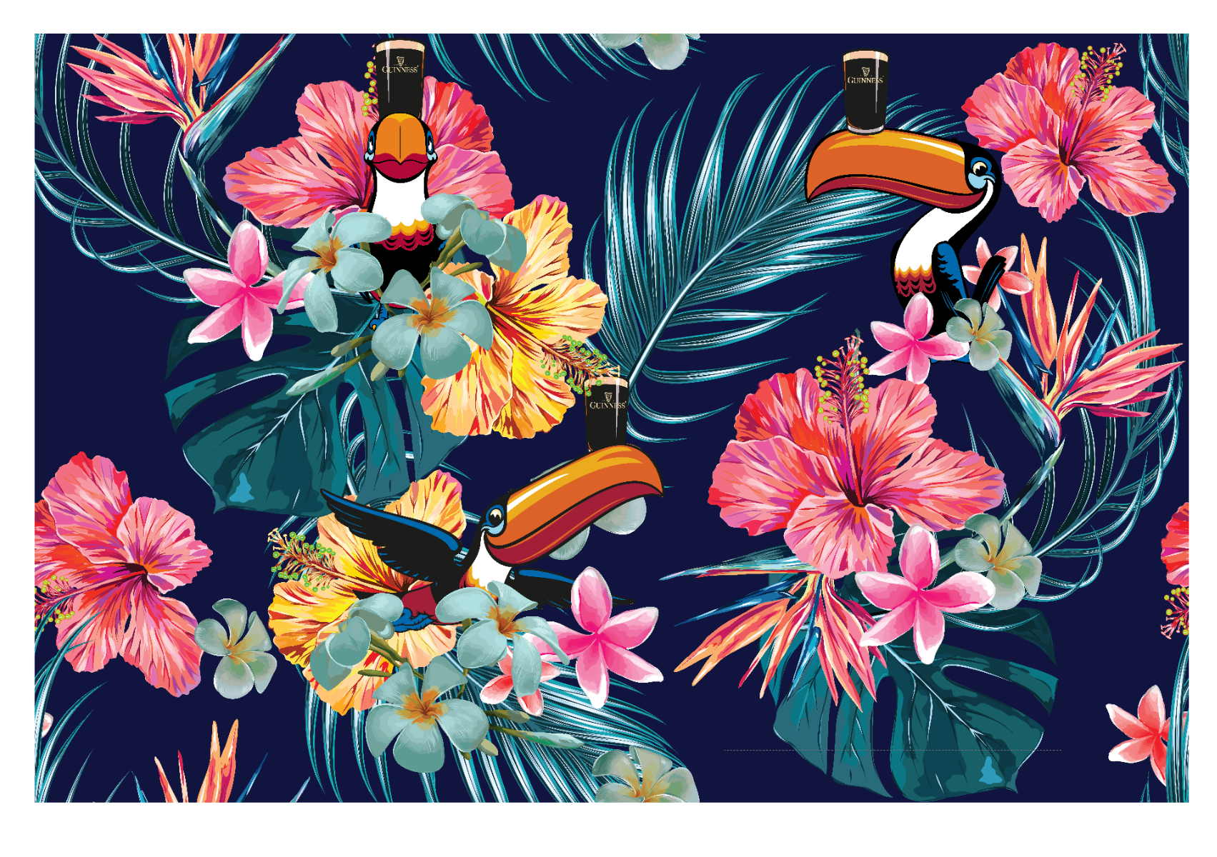 This Guinness Toucan Hawaiian shirt features a vibrant tropical pattern with toucans and flowers, perfect for those seeking a stylish and unique Guinness Hawaiian shirt with tropical plants and flowers.