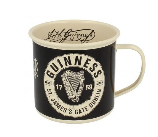 A Guinness Enamel Black & Cream Mug featuring a classic black and white design.