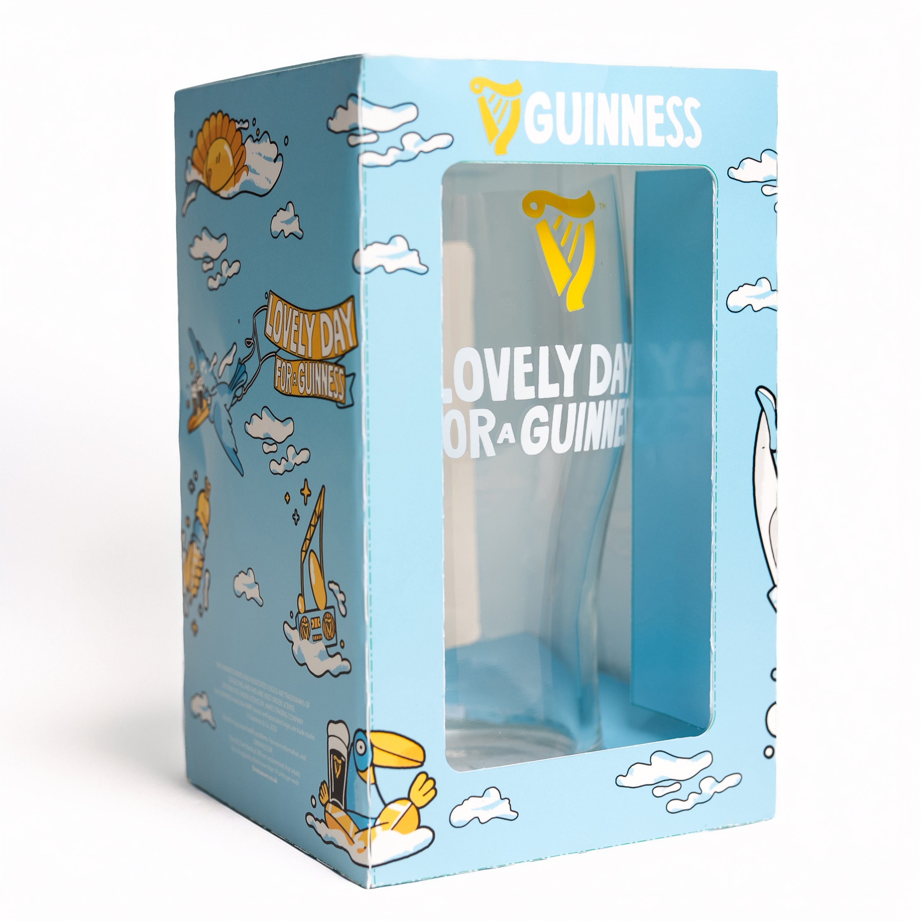 The Guinness Seb Curi Lovely Day Pint Glass from Guinness Webstore US comes in a blue box with clouds, birds, and the phrase "Lovely Day for a Guinness.