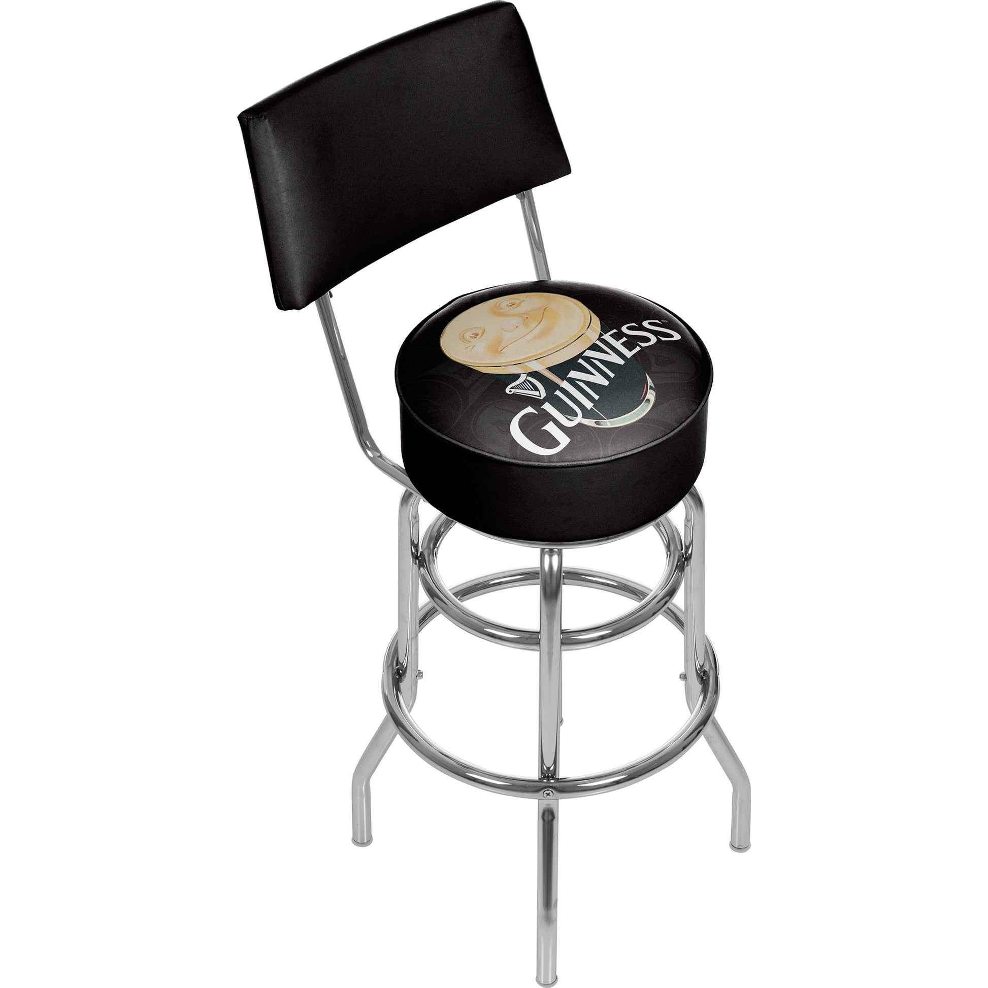 A black Guinness® Swivel Bar Stool with Back - Smiling Pint.