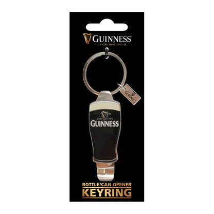 The Guinness Webstore US Pint Shape Bottle and Can Opener Keyring is a black and silver keychain, packaged as "Guinness Official Merchandise"—an ideal collectible or gift for any Guinness fan.