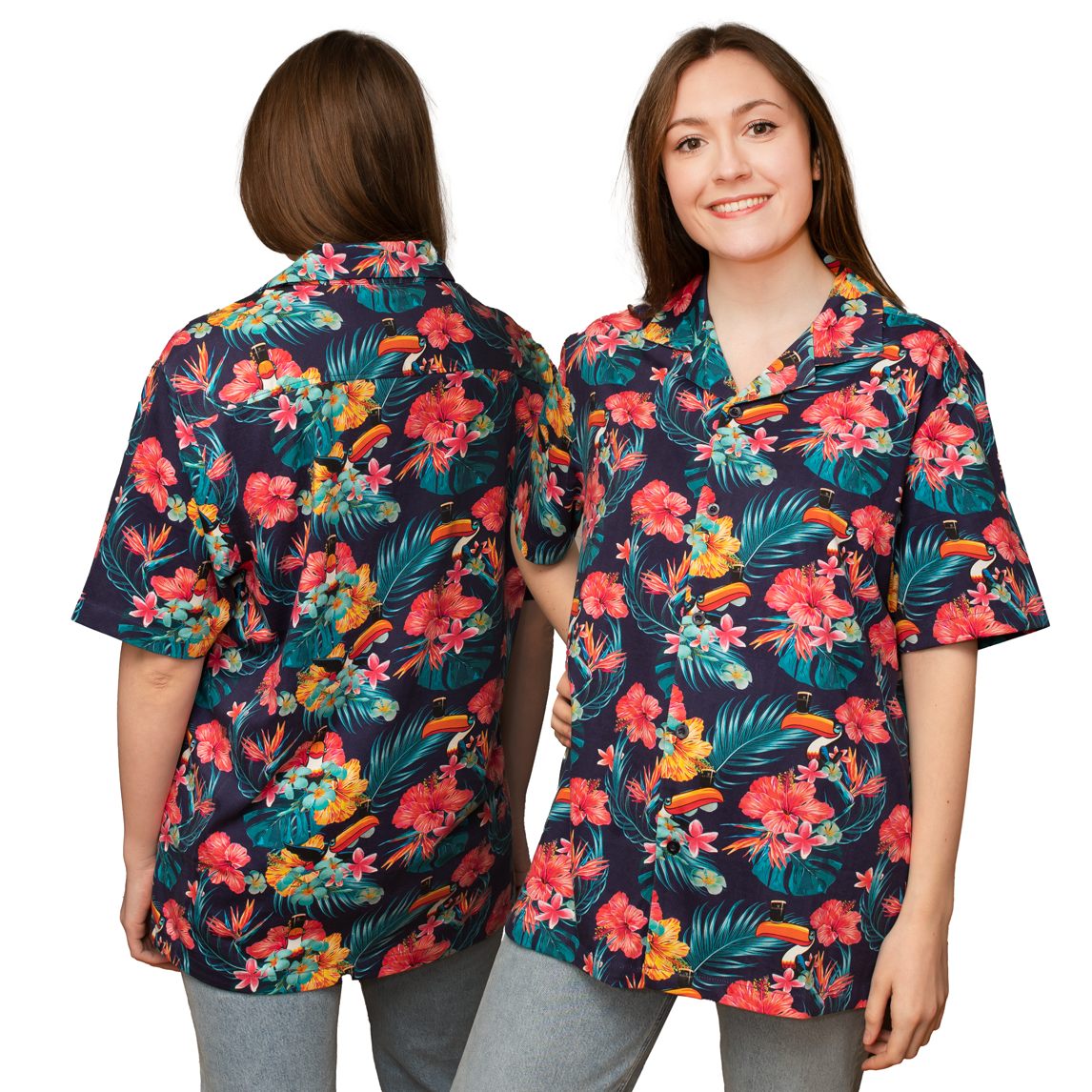 A woman donning a vibrant Guinness Toucan Hawaiian shirt adorned with tropical plants and flowers.