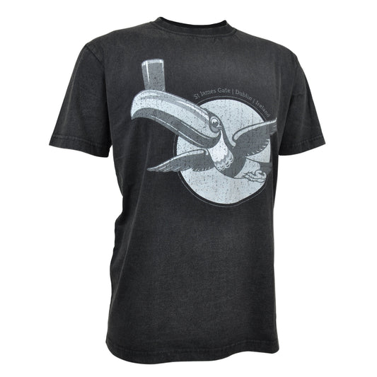 A Guinness Premium Tee with Vintage Gilroy Toucan, featuring a cotton fiber blend, is a vintage black t-shirt with a beautifully designed bird.