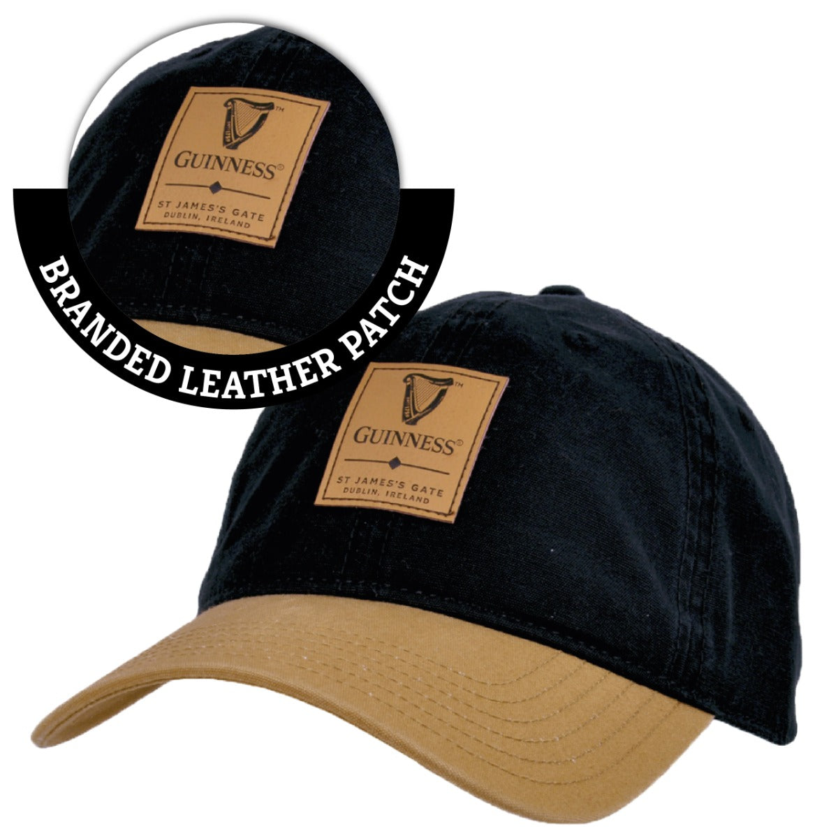 A Guinness Black & Caramel Cap with Leather Patch branded baseball cap.