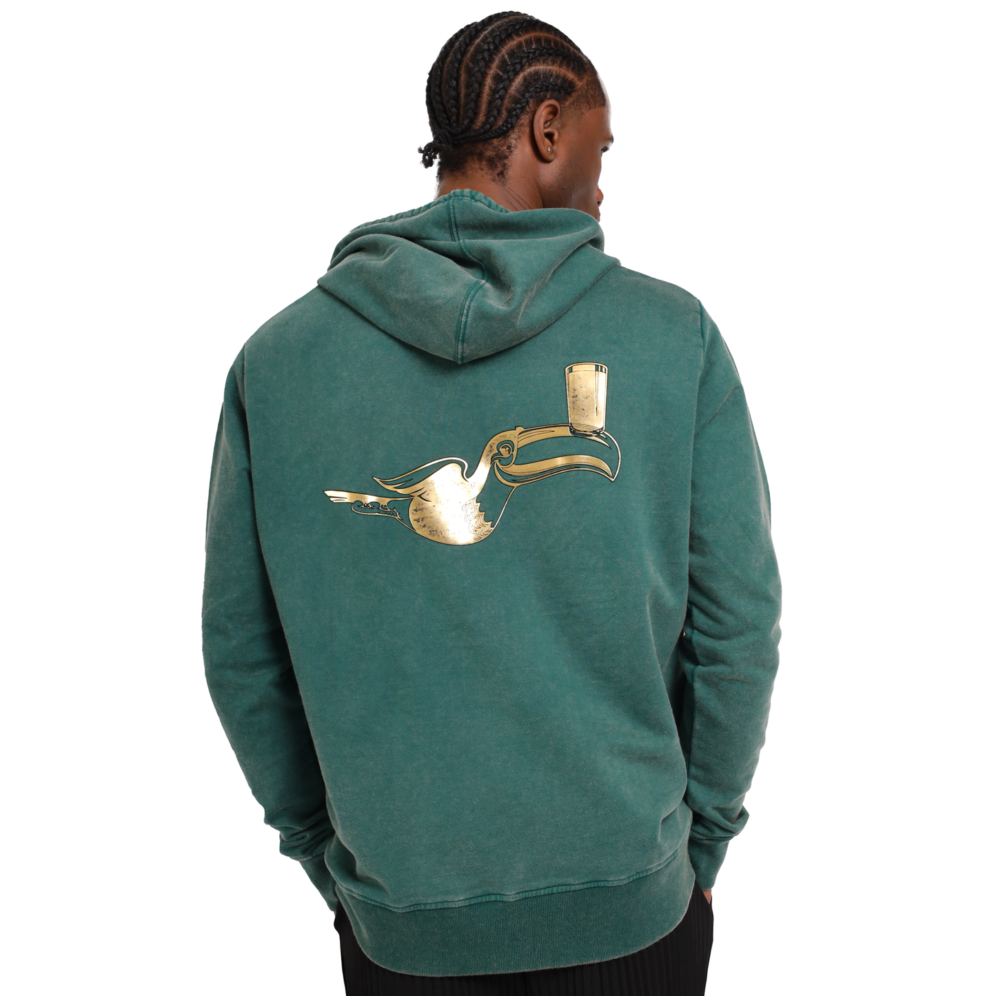 The back of a man wearing a Guinness Forest Green & Gold Toucan Hoodie made from eco-friendly fabric.