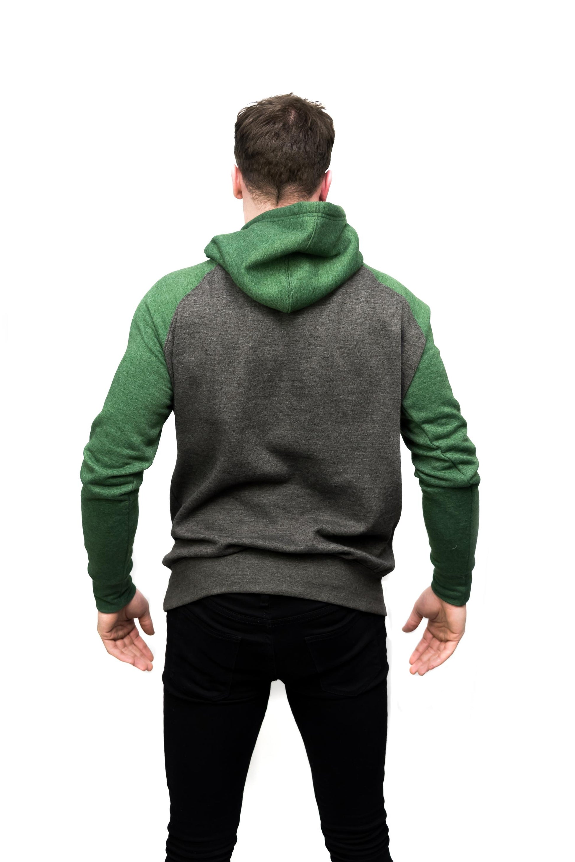 The back view of a man wearing a Guinness Grey and Green Hoodie.