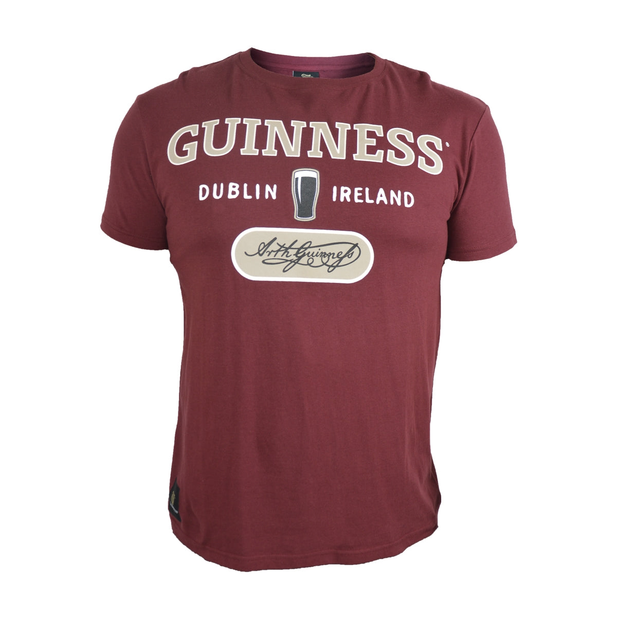 Guinness Signature Burgundy Trademark Label Tee featuring the Guinness brand.