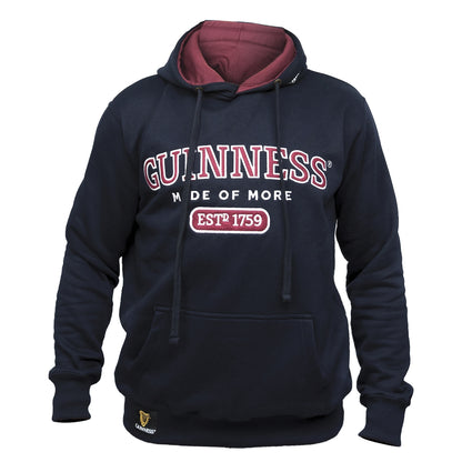 Guinness Signature Navy Hooded Sweatshirt with embroidered logo in maroon.