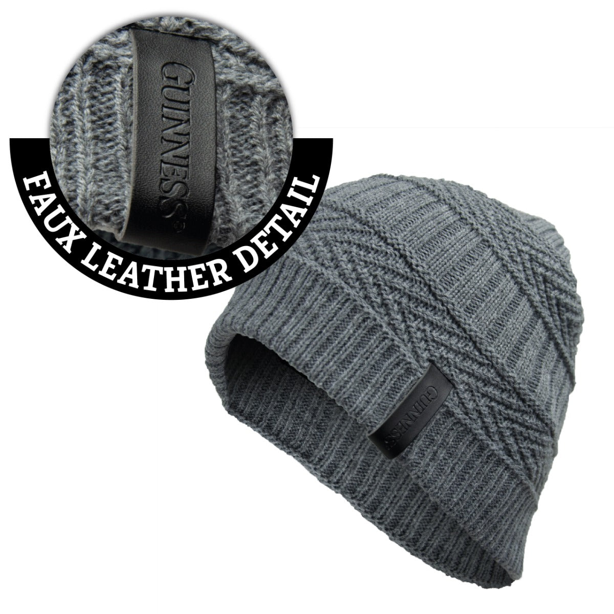 A Guinness Grey Woven Beanie Hat with a leather tag.