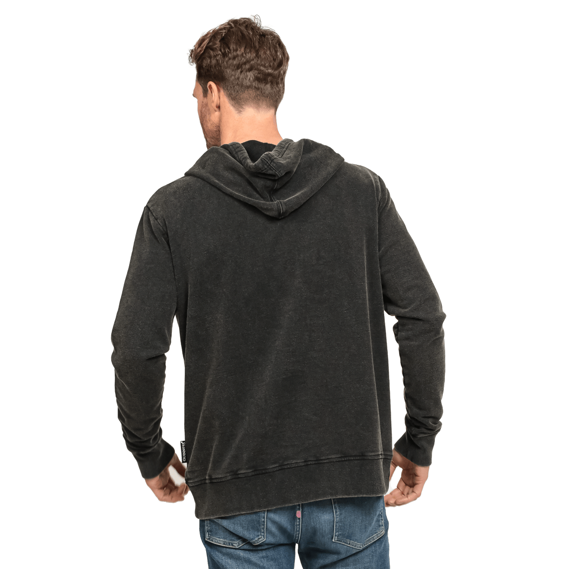 The back view of a man wearing a Guinness Premium Label Toucan Hoodie.