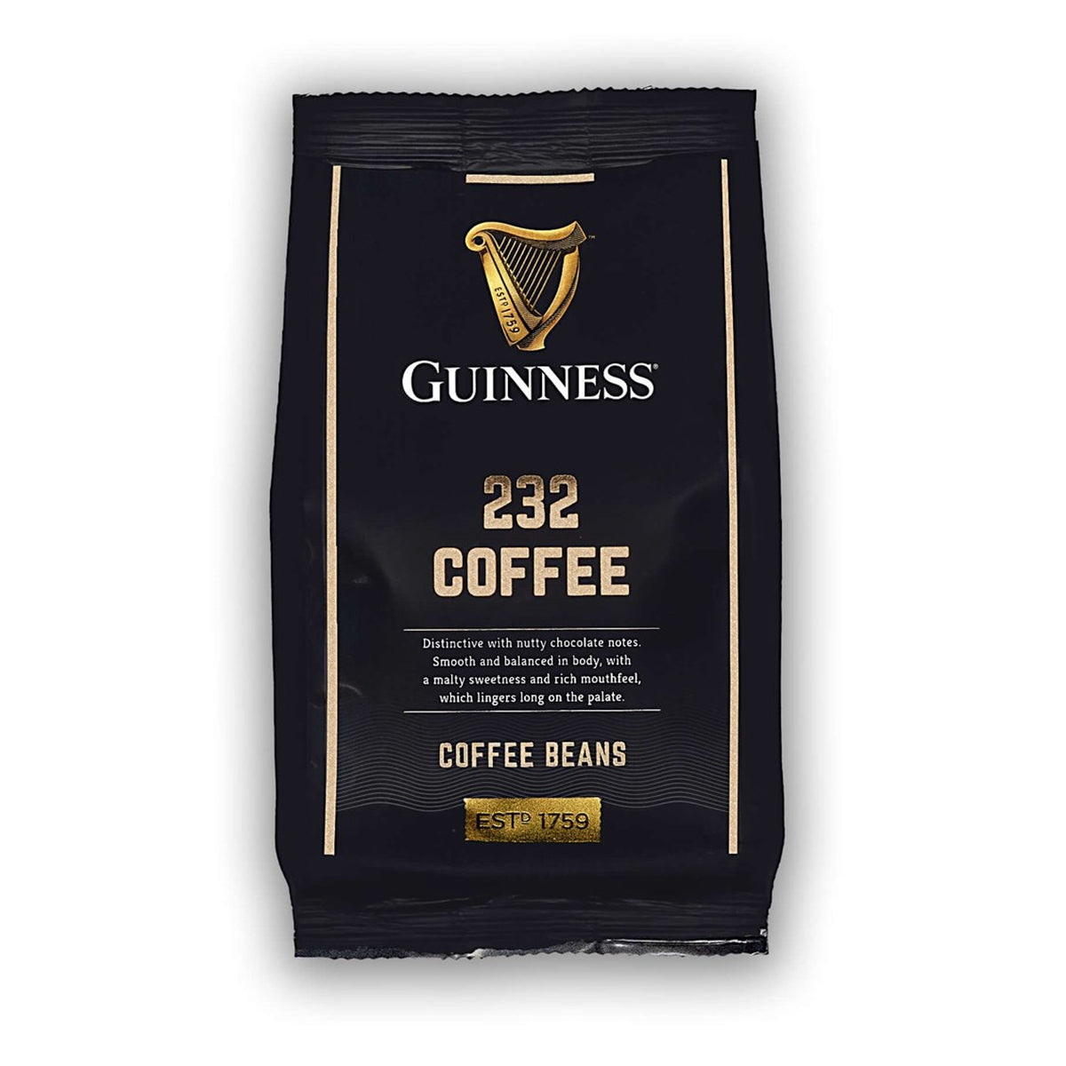 A black bag of Guinness coffee beans from the Guinness Christmas Morning Gift Set, featuring the harp logo and “232 COFFEE” text.