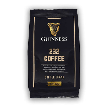A black bag of Guinness coffee beans from the Guinness Christmas Morning Gift Set, featuring the harp logo and “232 COFFEE” text.