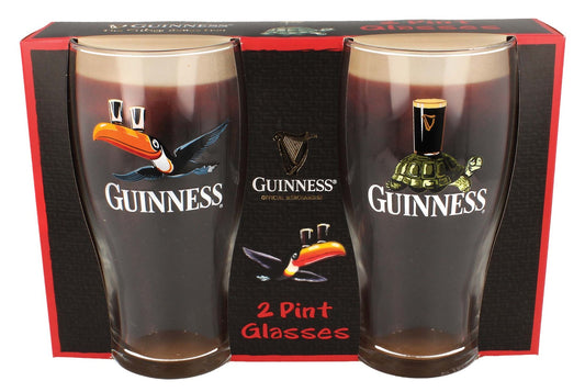 Guinness Gilroy Tortoise & Toucan Pint Glass Twin Pack in a box.