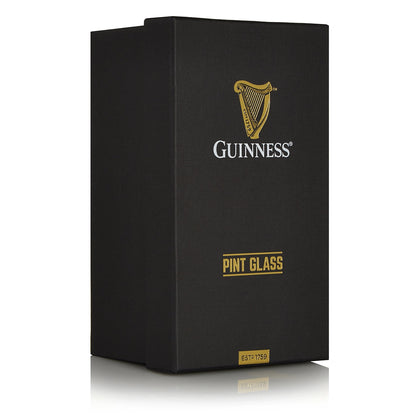 The Guinness Pint Glass Luxury Gift Box from Guinness Webstore US features black packaging with the iconic logo and harp, gold "Pint Glass" text, and stands upright—a perfect gift for any Guinness lover.