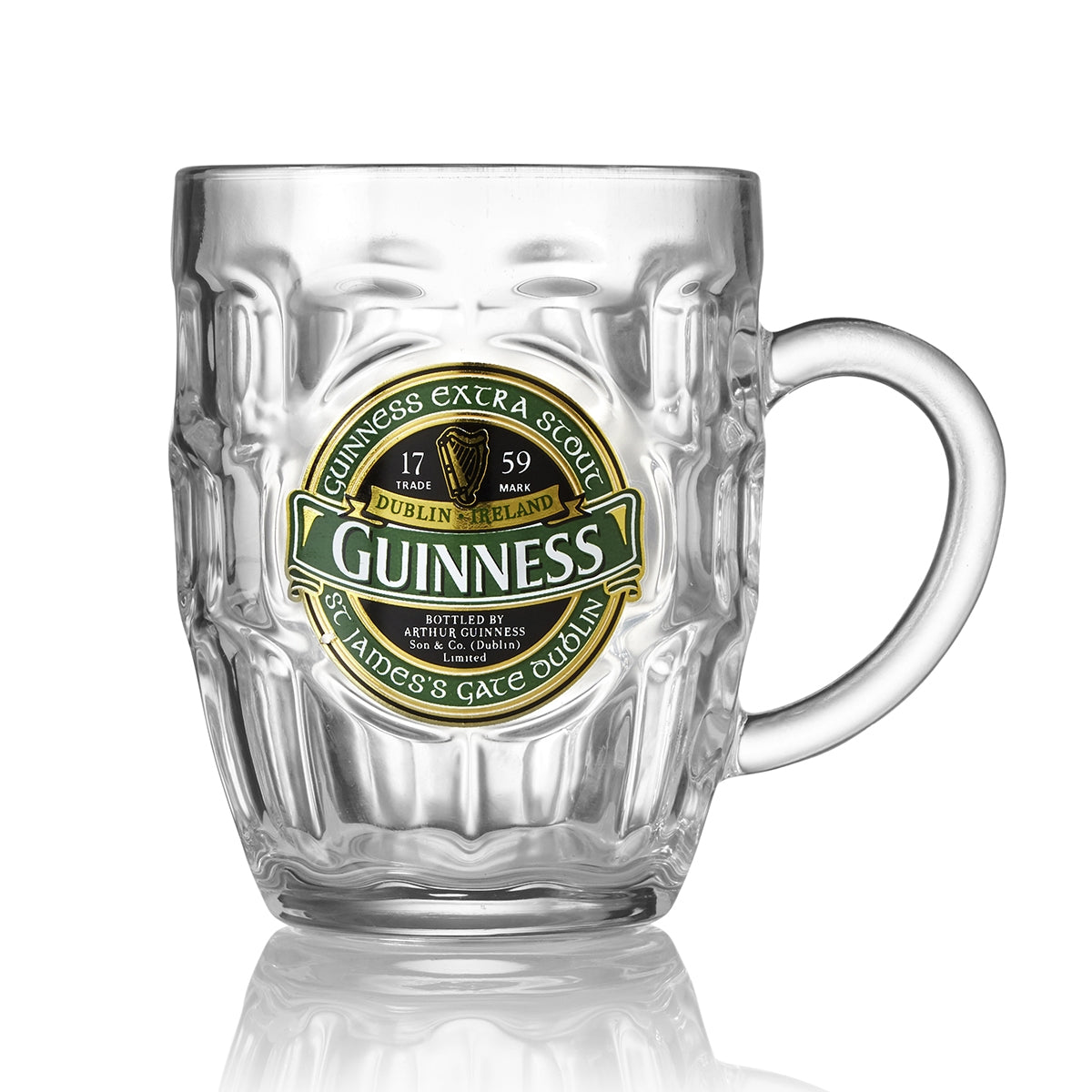 A clear, high-quality glass mug featuring the Guinness Ireland Dimpled Tankard logo with details about Arthur Guinness on a Dublin, Ireland label, perfect for any Green Collection.