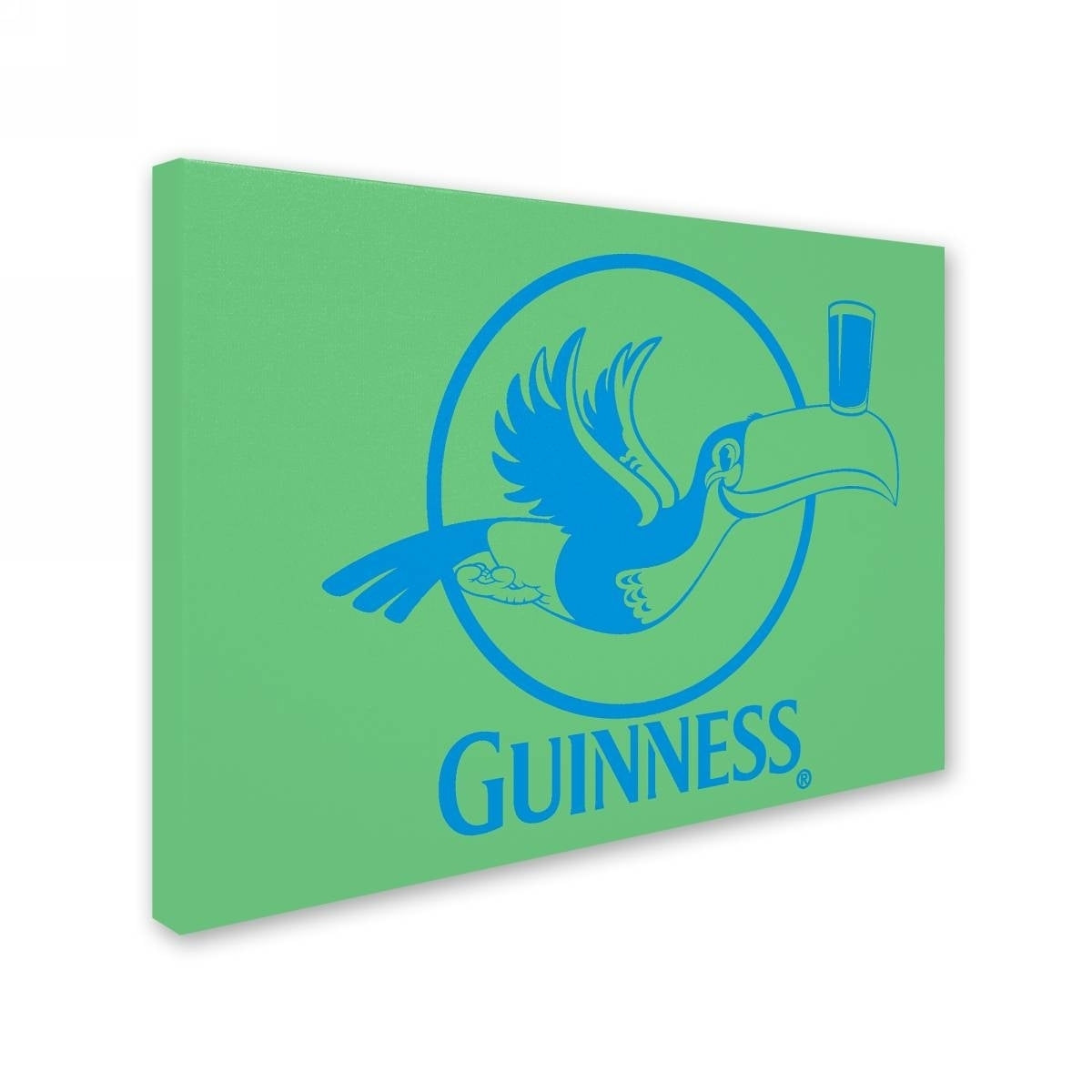 A vibrant Guinness Brewery 'Guinness XVI' canvas wall art featuring a green sign with a Guinness bird and a glass of beer.