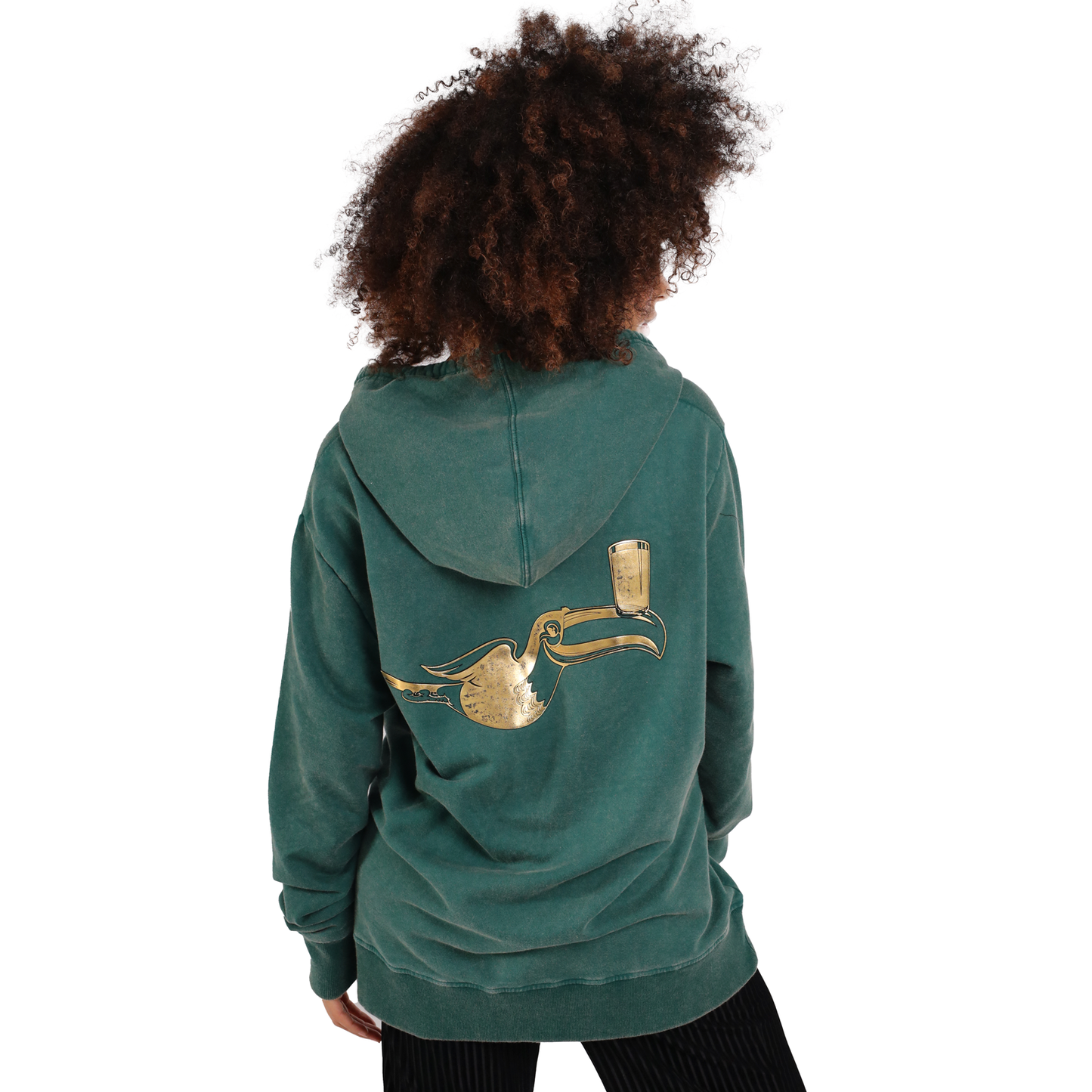 The back of a woman wearing a Guinness Forest Green & Gold Toucan Hoodie.
