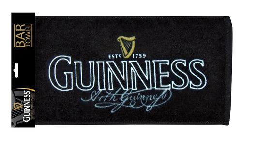 This black Guinness® Bar Towel is made of cotton and features the signature Guinness logo.