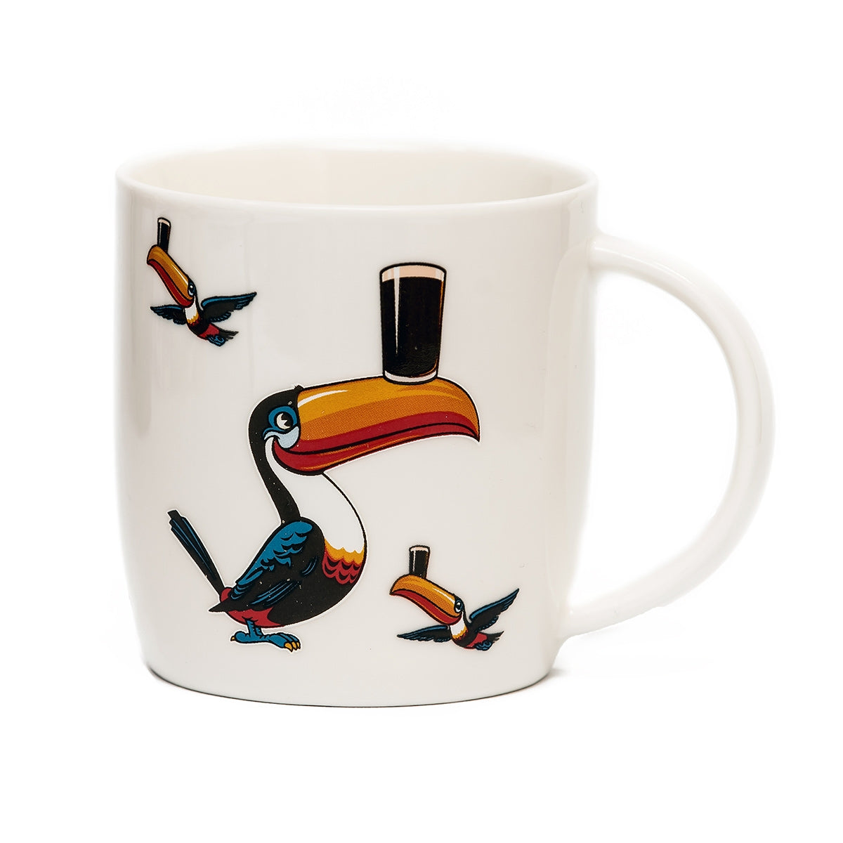 A Guinness White Mug with Standing and Flying Toucans.