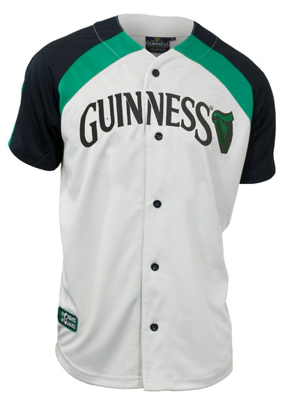 The Guinness Cream Baseball Jersey by Guinness features black, white, and green accents with the "GUINNESS" logo and harp on the chest. This moisture-wicking sportswear keeps you cool while you show your love for Guinness apparel.