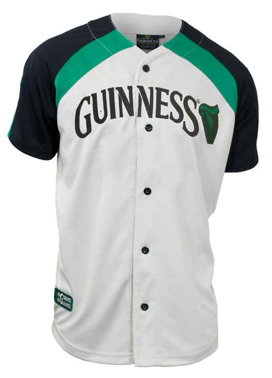 The Guinness Cream Baseball Jersey by Guinness features black, white, and green accents with the "GUINNESS" logo and harp on the chest. This moisture-wicking sportswear keeps you cool while you show your love for Guinness apparel.