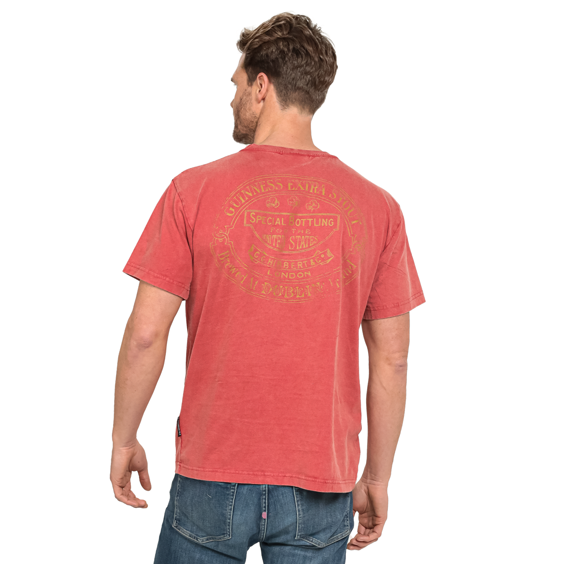 The back of a man wearing a Guinness Premium Harp Red Tee featuring the PREMIUM HARP RED TEE design.