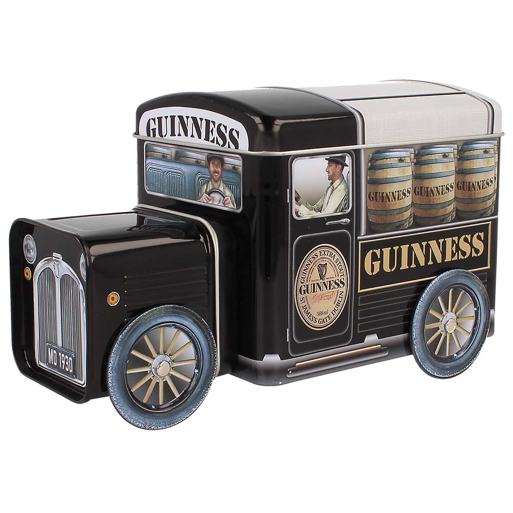 The Guinness Truck Tin with Fudge 200g from Guinness Webstore US is a charming black tin in a vintage delivery truck design, featuring barrels and drivers on its sides. Inside, you'll find a delightful surprise: luxurious cream fudge that perfectly complements the enchanting exterior, making it an ideal gift.