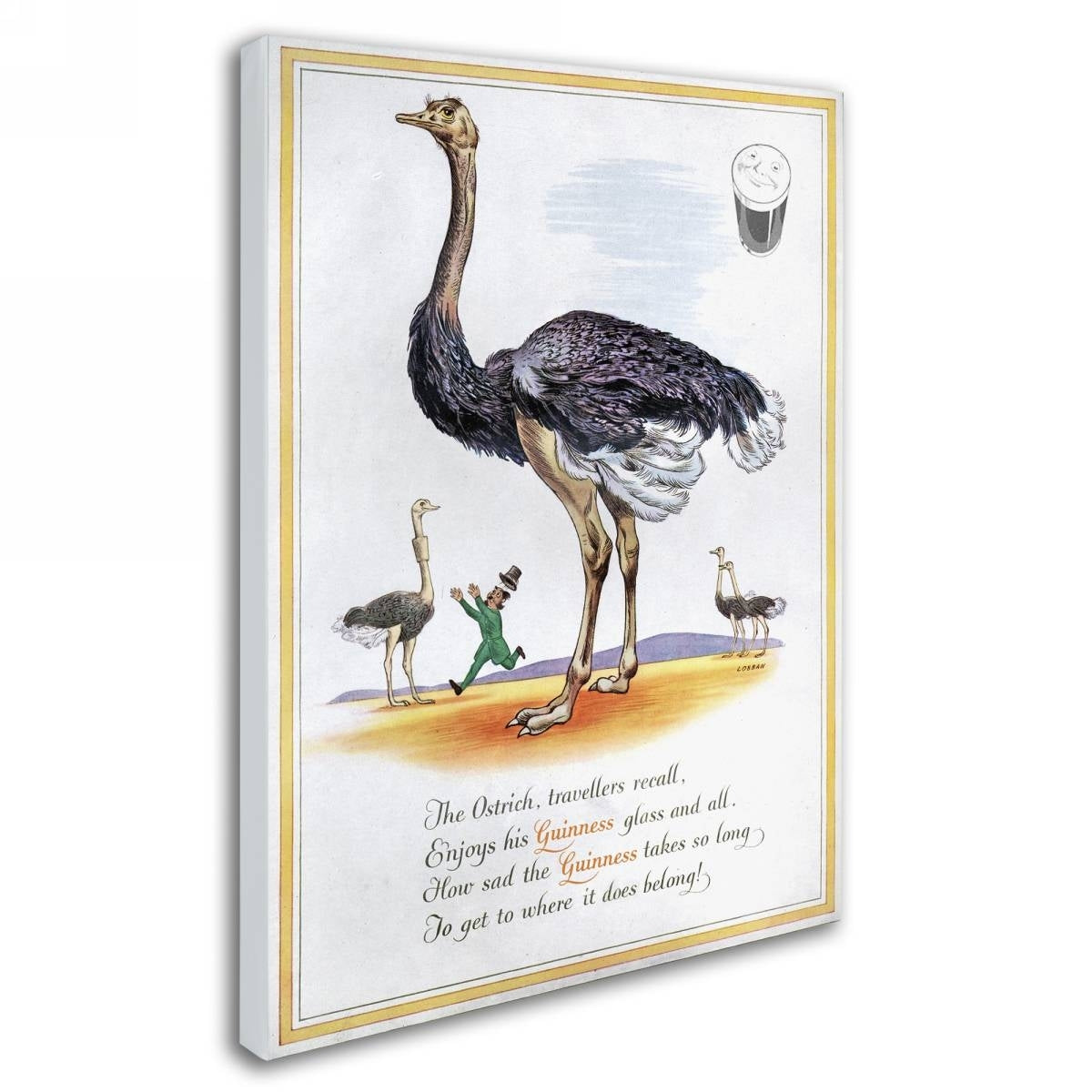 A captivating Guinness Brewery 'Guinness Ostrich' Canvas Art featuring a majestic ostrich gracefully adorned with an inspiring poem.