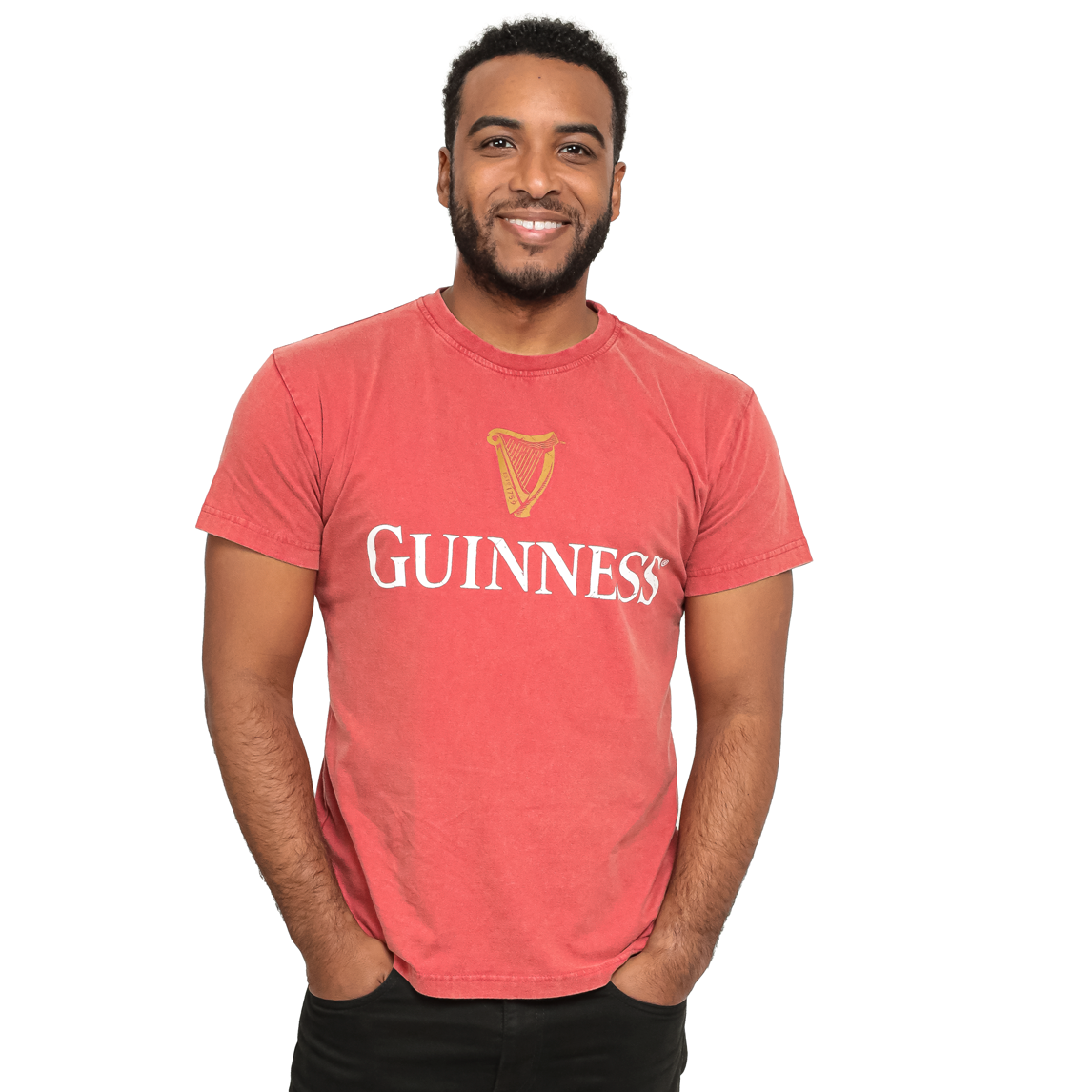 A man wearing a PREMIUM HARP RED TEE Guinness t-shirt.