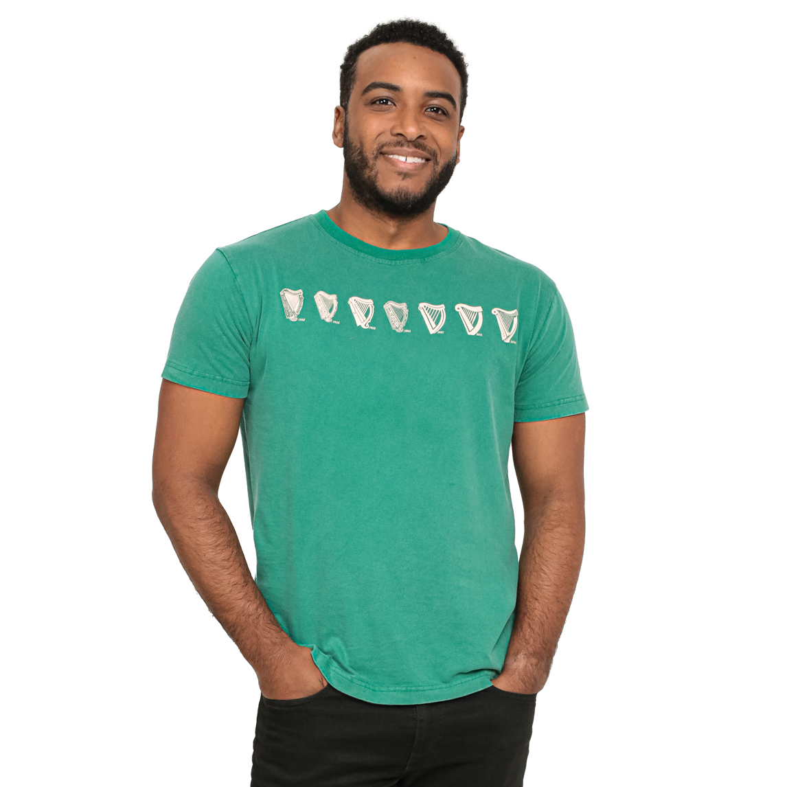 A man is smiling while wearing a Guinness Evolution Harp Green Tee.