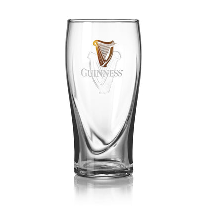 A clear pint glass featuring the Guinness logo and harp emblem stands upright on a white background—an essential for your home bar collection and the ideal companion to your Guinness Perfect Pour Bundle from Guinness Webstore US.