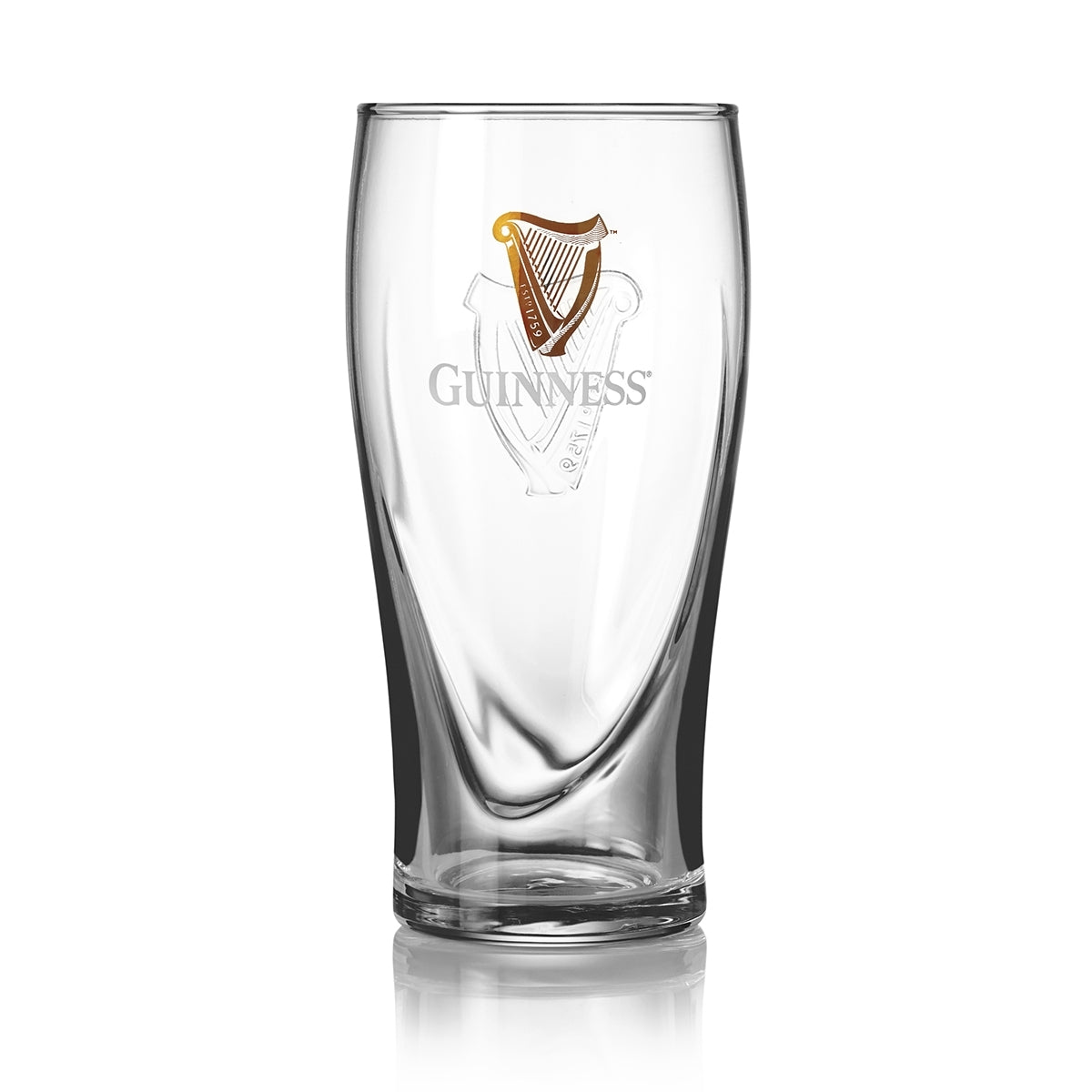 A Guinness Pint Glass 12 Pack featuring an embossed harp design and personalized engraving on a clean white background.