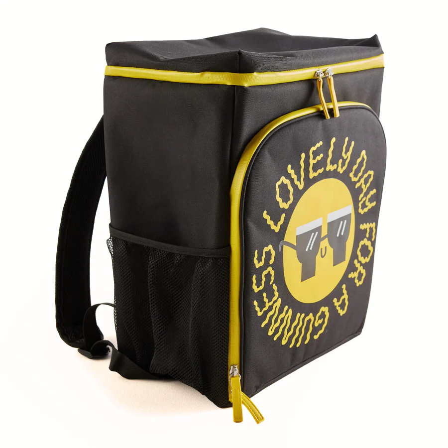 Add a pop of color to your outings with the Guinness x Fatti Burke Lovely Day Bundle Backpack from Guinness Webstore US—this black and yellow backpack features a front pocket adorned with a smiley face and the phrase "Lovely day for a Guinness" in a circular design, making it the perfect companion for your bundle, or pair it with your favorite beach towel and cooler bag for unforgettable fun days out.
